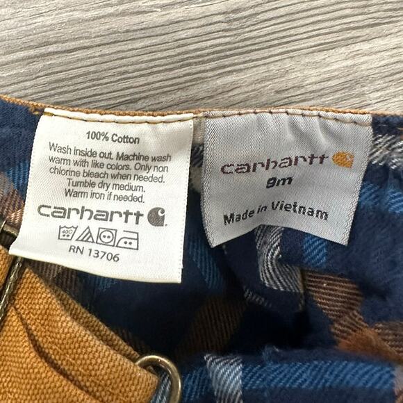 Carhartt Tan 9M Babies Utility Plaid Lined Double Knee Duck Canvas Bib Overalls - Picture 4 of 13